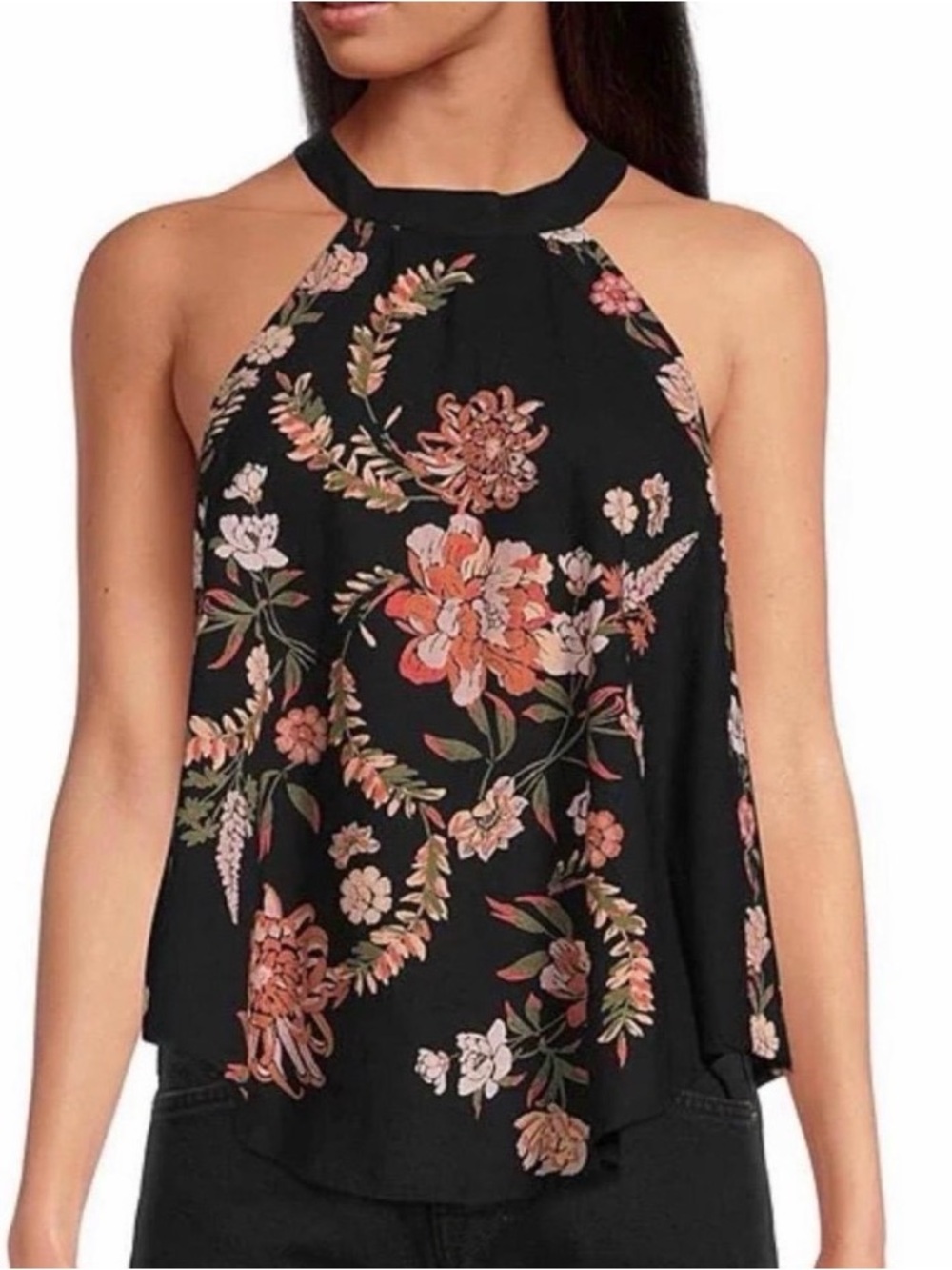 Free People Black Floral Halter Camisole with Pink & Coral Blooms
